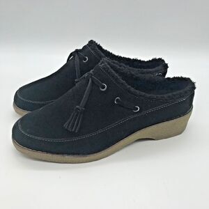 Lands' End Black Suede Faux Fur Lined Clogs Women 7.5 Tasseled Crepe Wedge Shoe